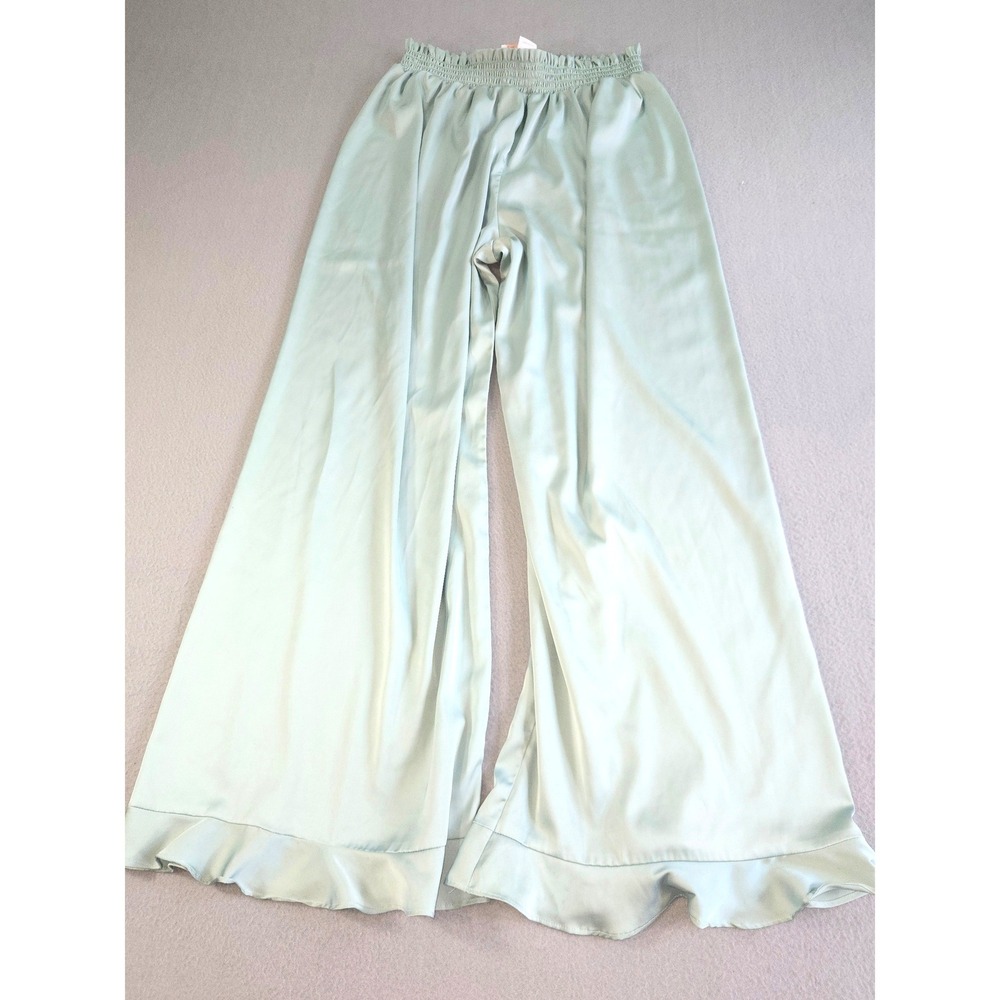 Birdy Grey Wide Leg Pants‎ Women XL Sage Green Satin Smocked Ruffle Hem Flowy